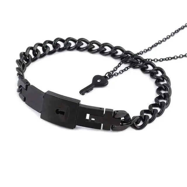 Couple Lovers Jewelry Love Heart Lock Bracelet Stainless Steel Bracelets Bangles Key Pendant Necklace Jewelry - FluxDigital