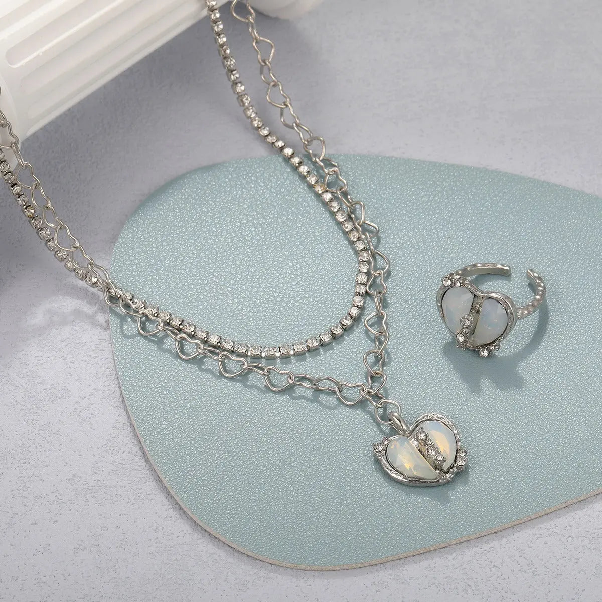 New Sweet Cool Style Y2K Split Love Ring Necklace Jewelry Set for Female Personality and Minority Design Jewelry - FluxDigital