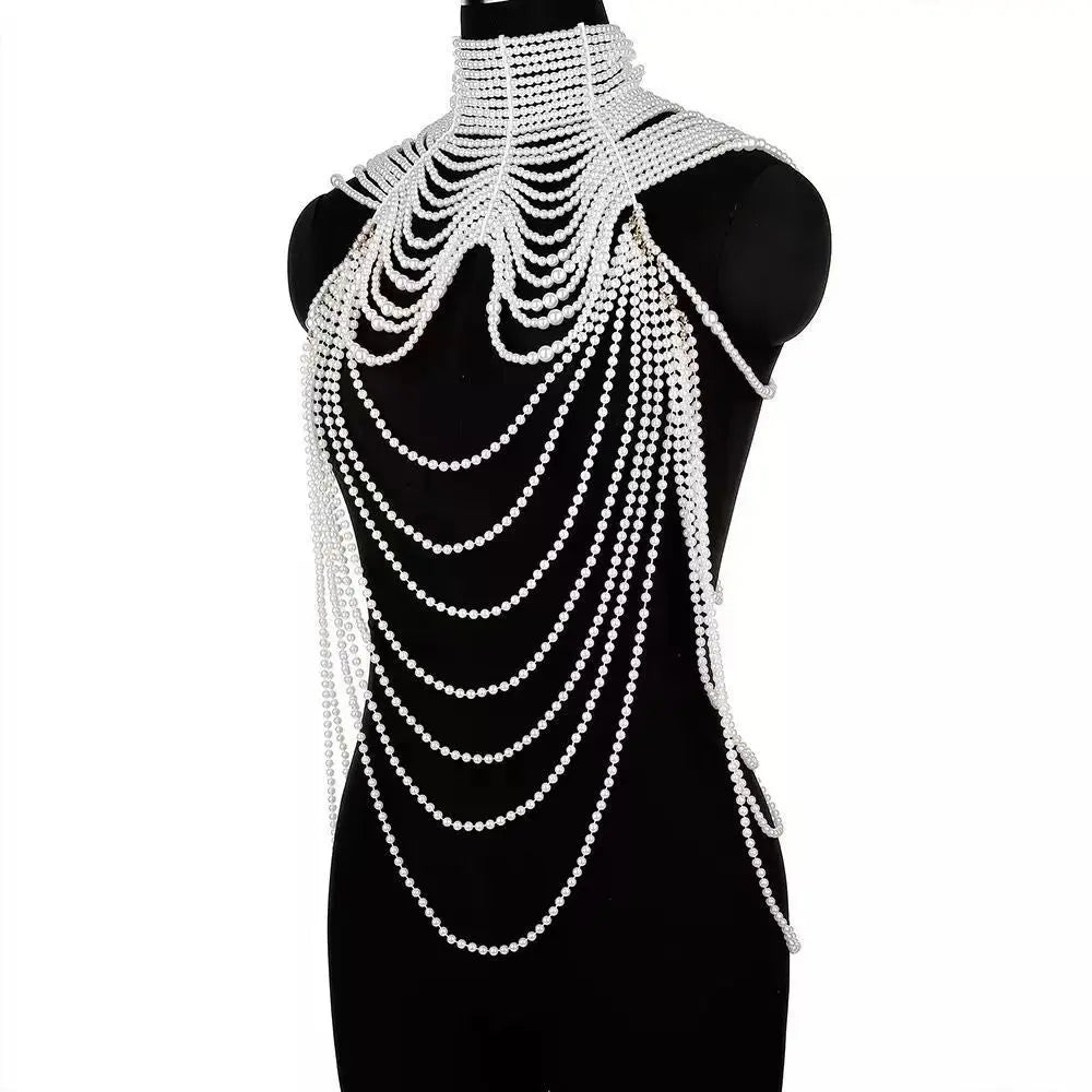Personality Fashion Pearl Jewelry Leather Exaggerated Multilayer Pearl Body Chain - FluxDigital
