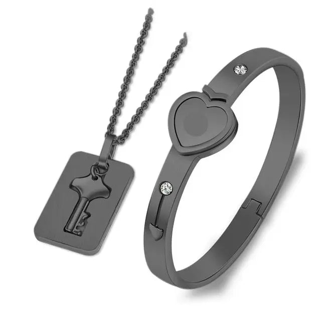 Couple Lovers Jewelry Love Heart Lock Bracelet Stainless Steel Bracelets Bangles Key Pendant Necklace Jewelry - FluxDigital