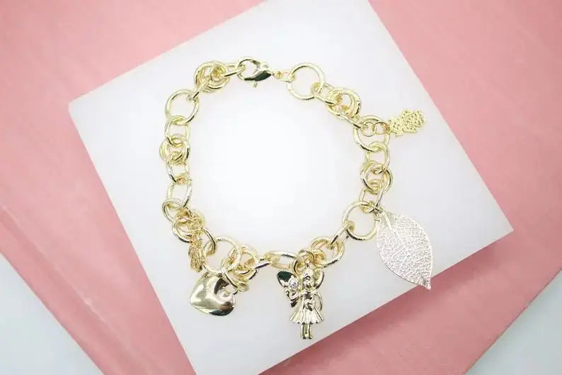 18K Gold Filled Nature, Fairy, Heart, Girl Boy Charms Bracelet (I405) - FluxDigital