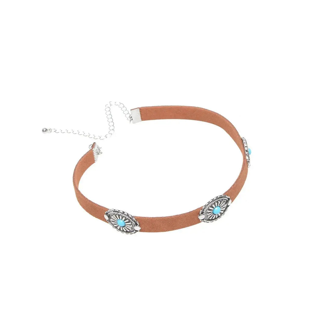 Fashion Jewelry Bohemian Retro Simple Metal Flower Plate Turquoise Necklace - FluxDigital