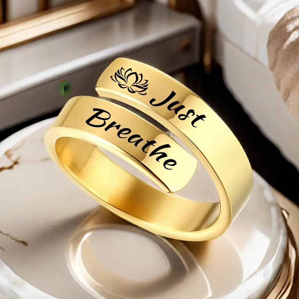 Open mouth jewelry for women Just Breathe letter ring engraved lotus titanium steel jewelry for men - FluxDigital