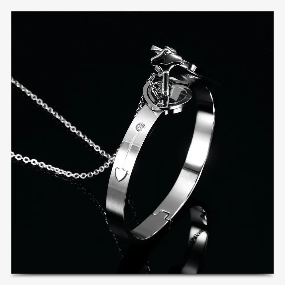 Couple Lovers Jewelry Love Heart Lock Bracelet Stainless Steel Bracelets Bangles Key Pendant Necklace Jewelry - FluxDigital