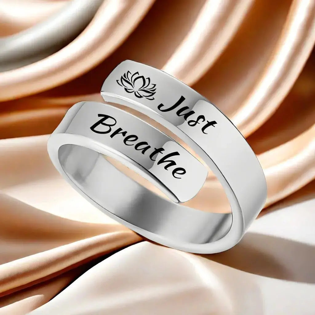 Open mouth jewelry for women Just Breathe letter ring engraved lotus titanium steel jewelry for men - FluxDigital