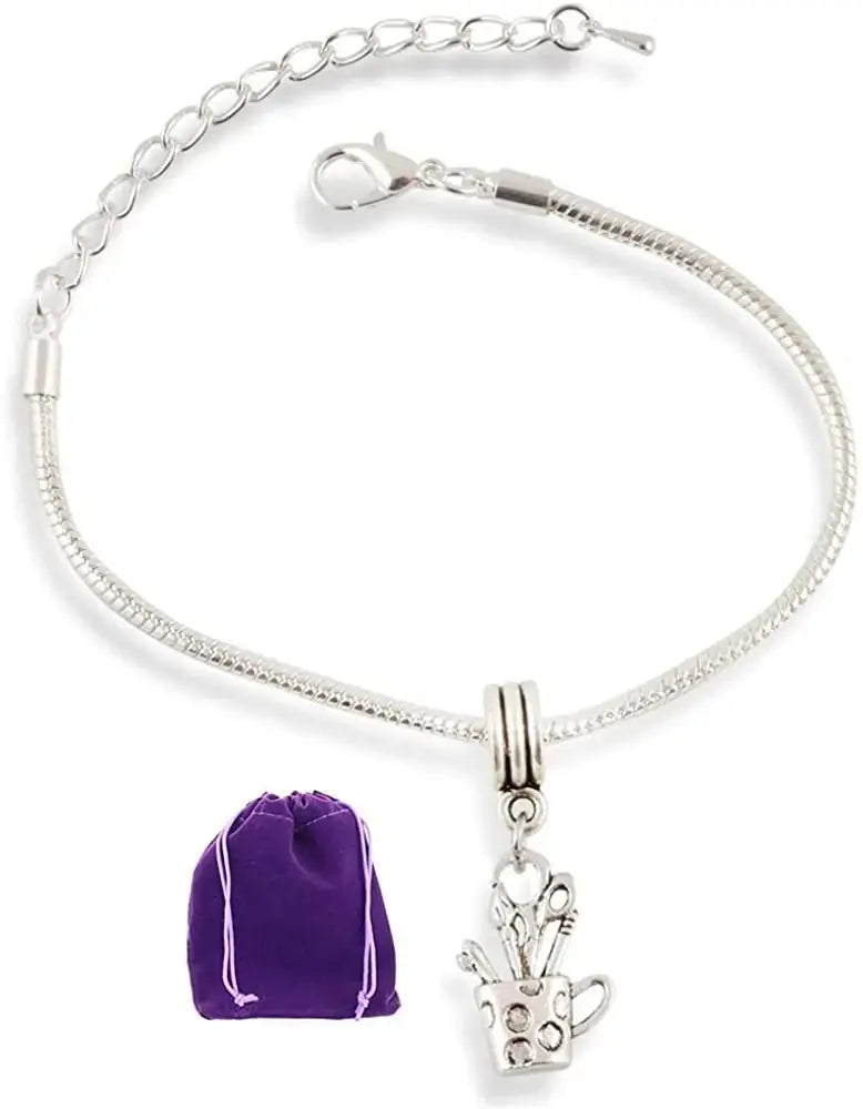 Cup with Scissors Pencil Paint Brush Snake Chain Charm Bracelet - FluxDigital