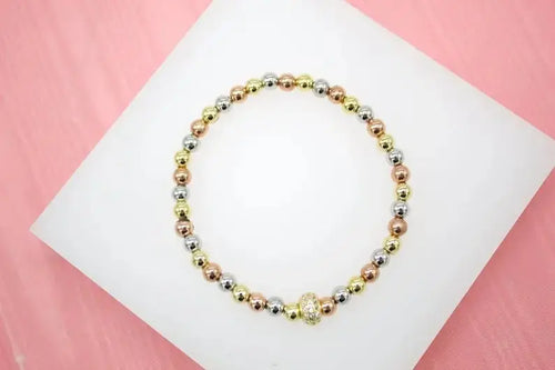 18K Gold Filled 5mm Multicolor Color Elastic Bead Bracelet With A Round CZ Charm - FluxDigital