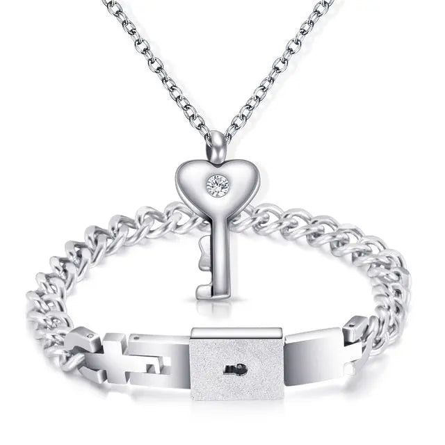 Couple Lovers Jewelry Love Heart Lock Bracelet Stainless Steel Bracelets Bangles Key Pendant Necklace Jewelry - FluxDigital