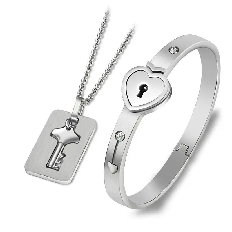 Couple Lovers Jewelry Love Heart Lock Bracelet Stainless Steel Bracelets Bangles Key Pendant Necklace Jewelry - FluxDigital