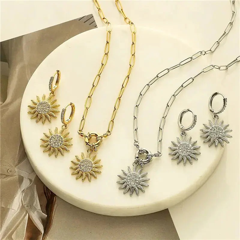 Micro Inlaid Zircon Sun Necklace Earring Set Jewelry Sunflower - FluxDigital
