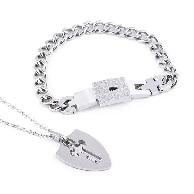 Couple Lovers Jewelry Love Heart Lock Bracelet Stainless Steel Bracelets Bangles Key Pendant Necklace Jewelry - FluxDigital