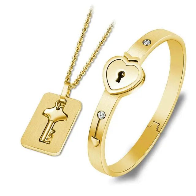 Couple Lovers Jewelry Love Heart Lock Bracelet Stainless Steel Bracelets Bangles Key Pendant Necklace Jewelry - FluxDigital