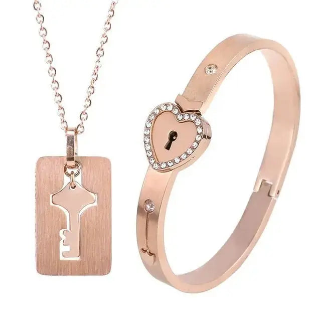 Couple Lovers Jewelry Love Heart Lock Bracelet Stainless Steel Bracelets Bangles Key Pendant Necklace Jewelry - FluxDigital
