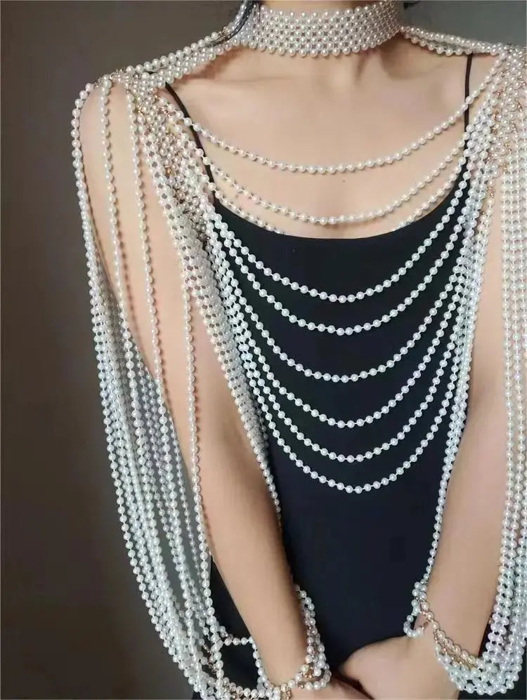 Personality Fashion Pearl Jewelry Leather Exaggerated Multilayer Pearl Body Chain - FluxDigital