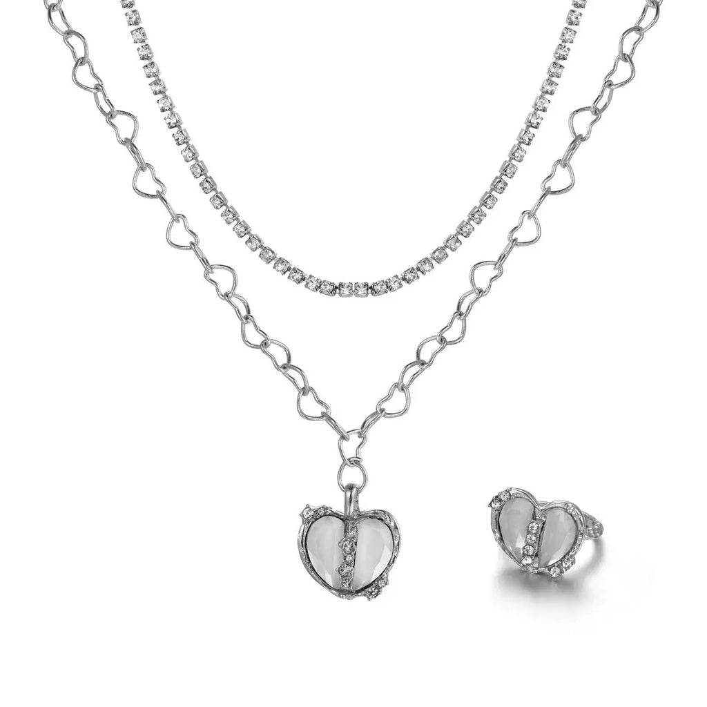 New Sweet Cool Style Y2K Split Love Ring Necklace Jewelry Set for Female Personality and Minority Design Jewelry - FluxDigital