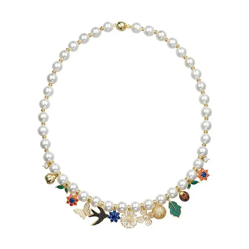 Fashionable retro style jewelry garden necklace women's jewelry flower pendant swallow beetle buckle pearl collarbone chain - FluxDigital
