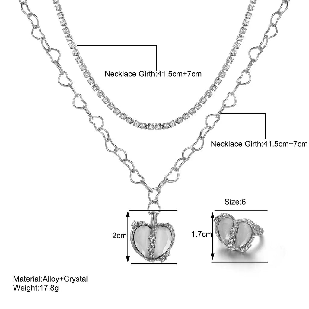 New Sweet Cool Style Y2K Split Love Ring Necklace Jewelry Set for Female Personality and Minority Design Jewelry - FluxDigital