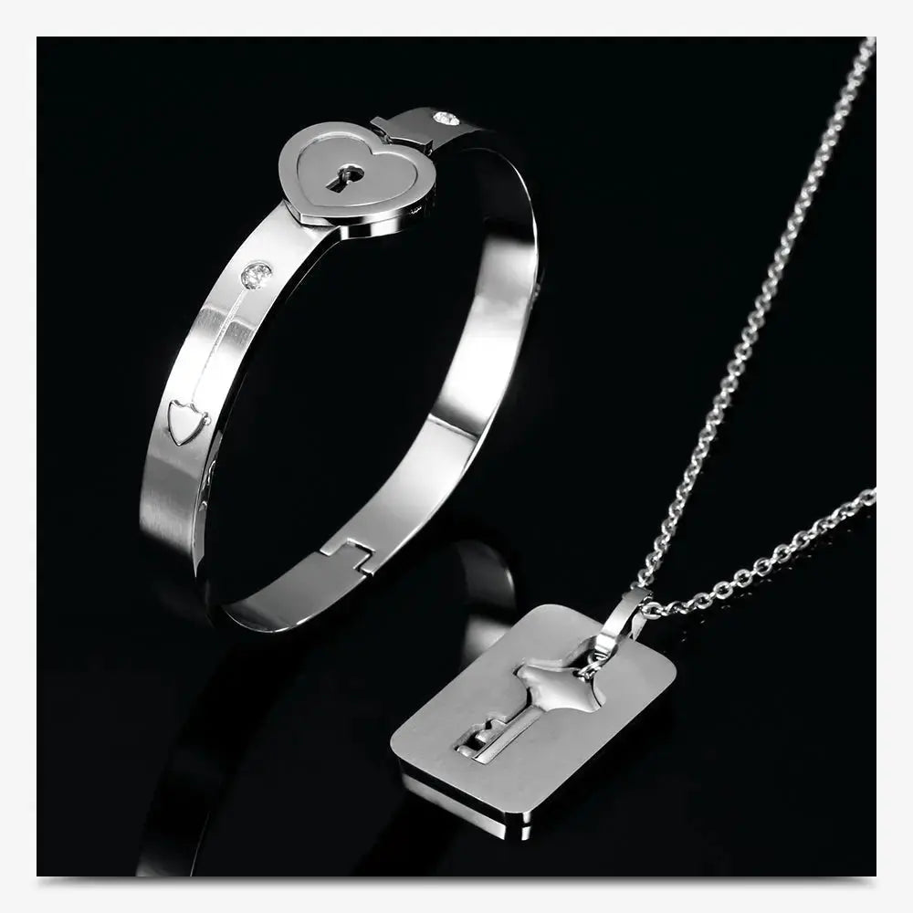 Couple Lovers Jewelry Love Heart Lock Bracelet Stainless Steel Bracelets Bangles Key Pendant Necklace Jewelry - FluxDigital