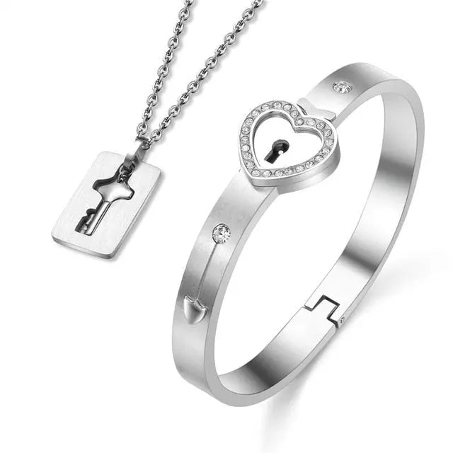 Couple Lovers Jewelry Love Heart Lock Bracelet Stainless Steel Bracelets Bangles Key Pendant Necklace Jewelry - FluxDigital