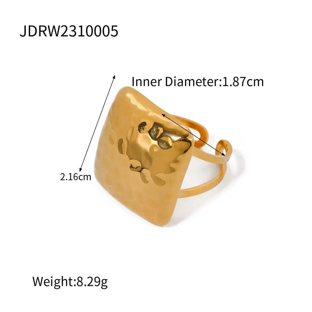 Stainless steel hammer patterned square open ring for women's hand jewelry - FluxDigital
