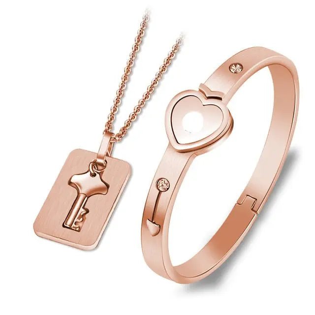 Couple Lovers Jewelry Love Heart Lock Bracelet Stainless Steel Bracelets Bangles Key Pendant Necklace Jewelry - FluxDigital