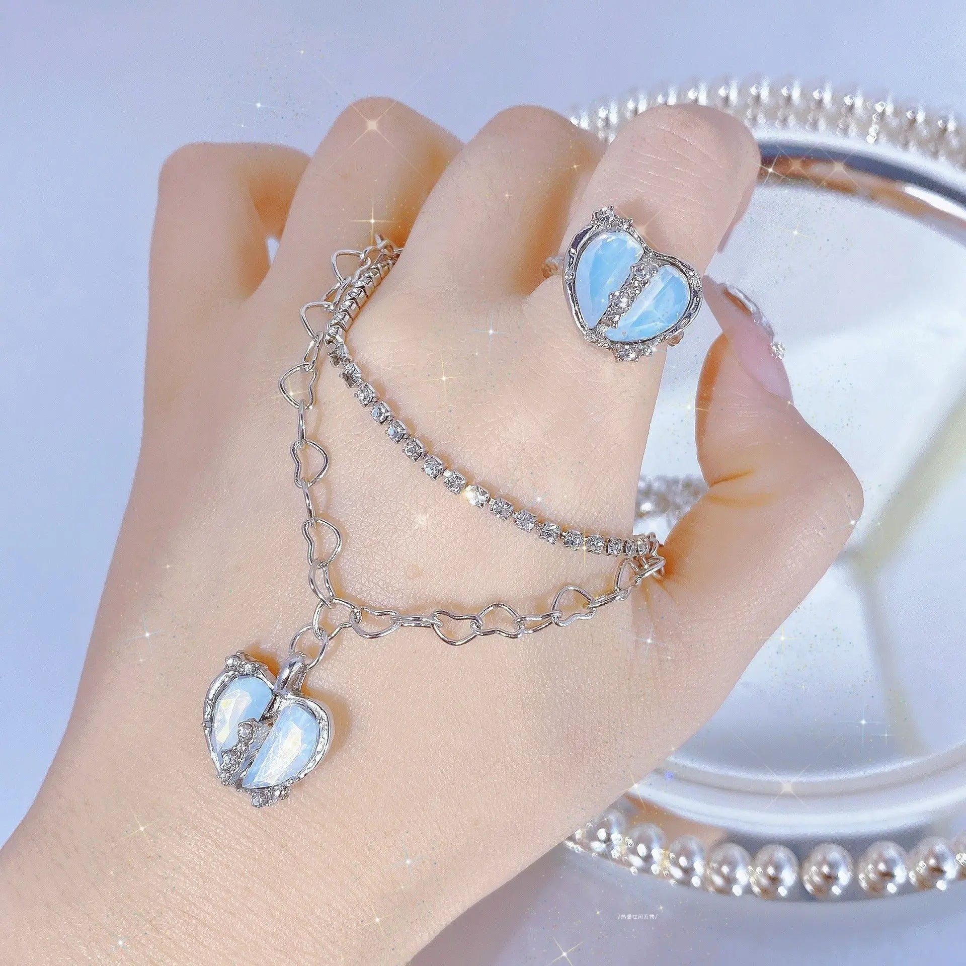 New Sweet Cool Style Y2K Split Love Ring Necklace Jewelry Set for Female Personality and Minority Design Jewelry - FluxDigital