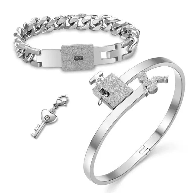 Couple Lovers Jewelry Love Heart Lock Bracelet Stainless Steel Bracelets Bangles Key Pendant Necklace Jewelry - FluxDigital