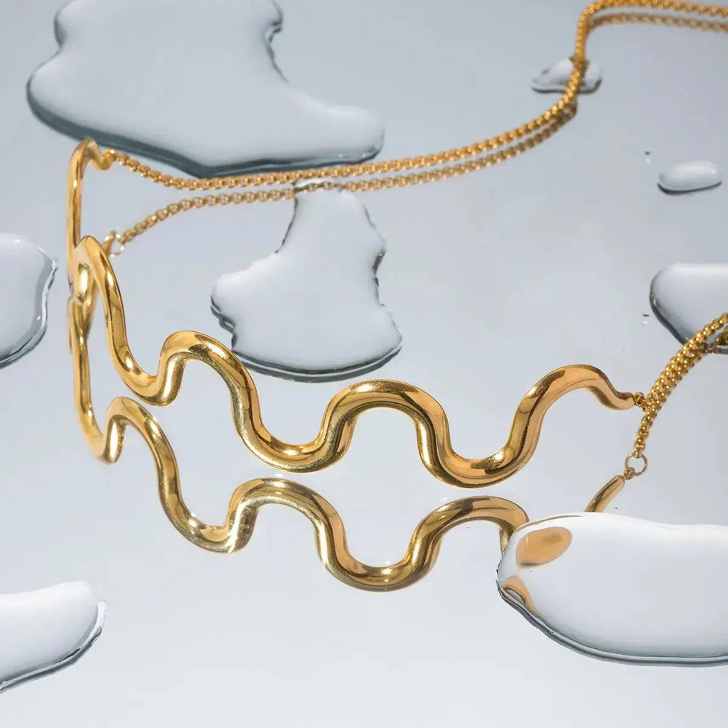 Gold Plated Stainless Steel Wave Pull Necklace Jewelry - FluxDigital