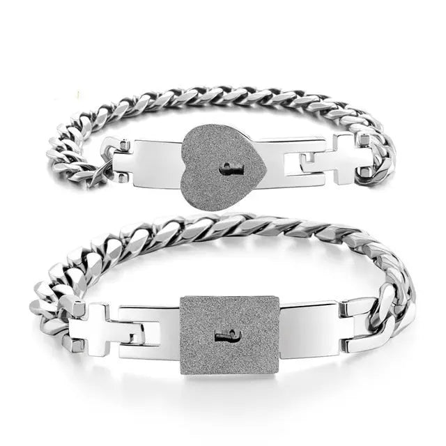Couple Lovers Jewelry Love Heart Lock Bracelet Stainless Steel Bracelets Bangles Key Pendant Necklace Jewelry - FluxDigital