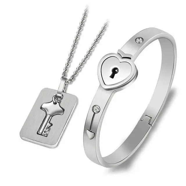 Couple Lovers Jewelry Love Heart Lock Bracelet Stainless Steel Bracelets Bangles Key Pendant Necklace Jewelry - FluxDigital