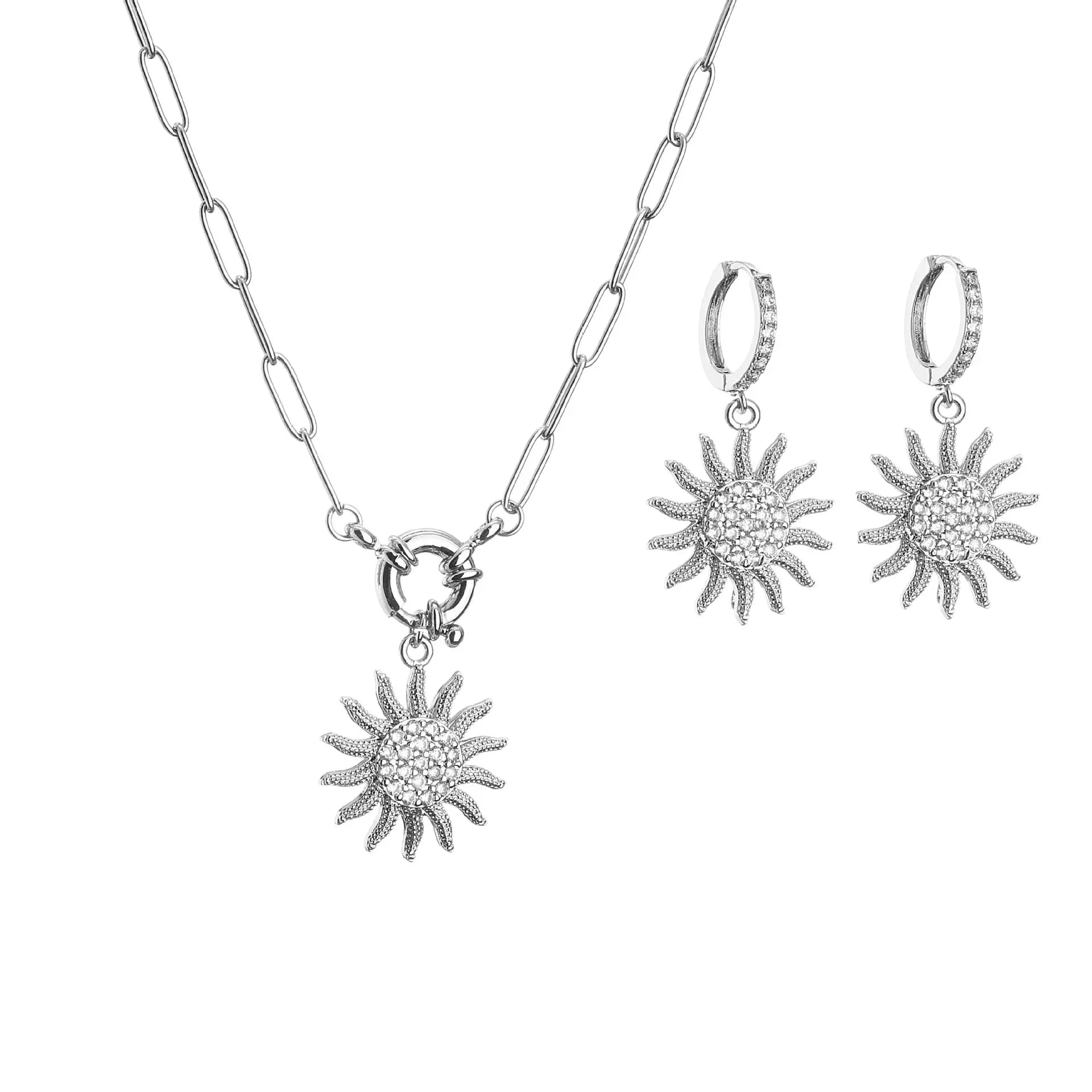 Micro Inlaid Zircon Sun Necklace Earring Set Jewelry Sunflower - FluxDigital