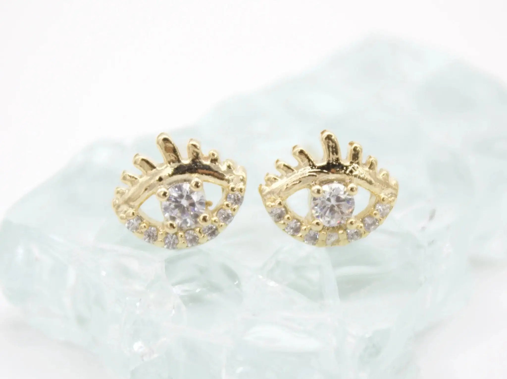 18K Gold Filled Evil Eye Stud Earrings With Clear CZ Stones (L76) - FluxDigital