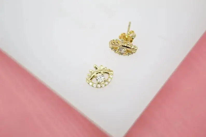 18K Gold Filled Evil Eye Stud Earrings With Clear CZ Stones (L76) - FluxDigital